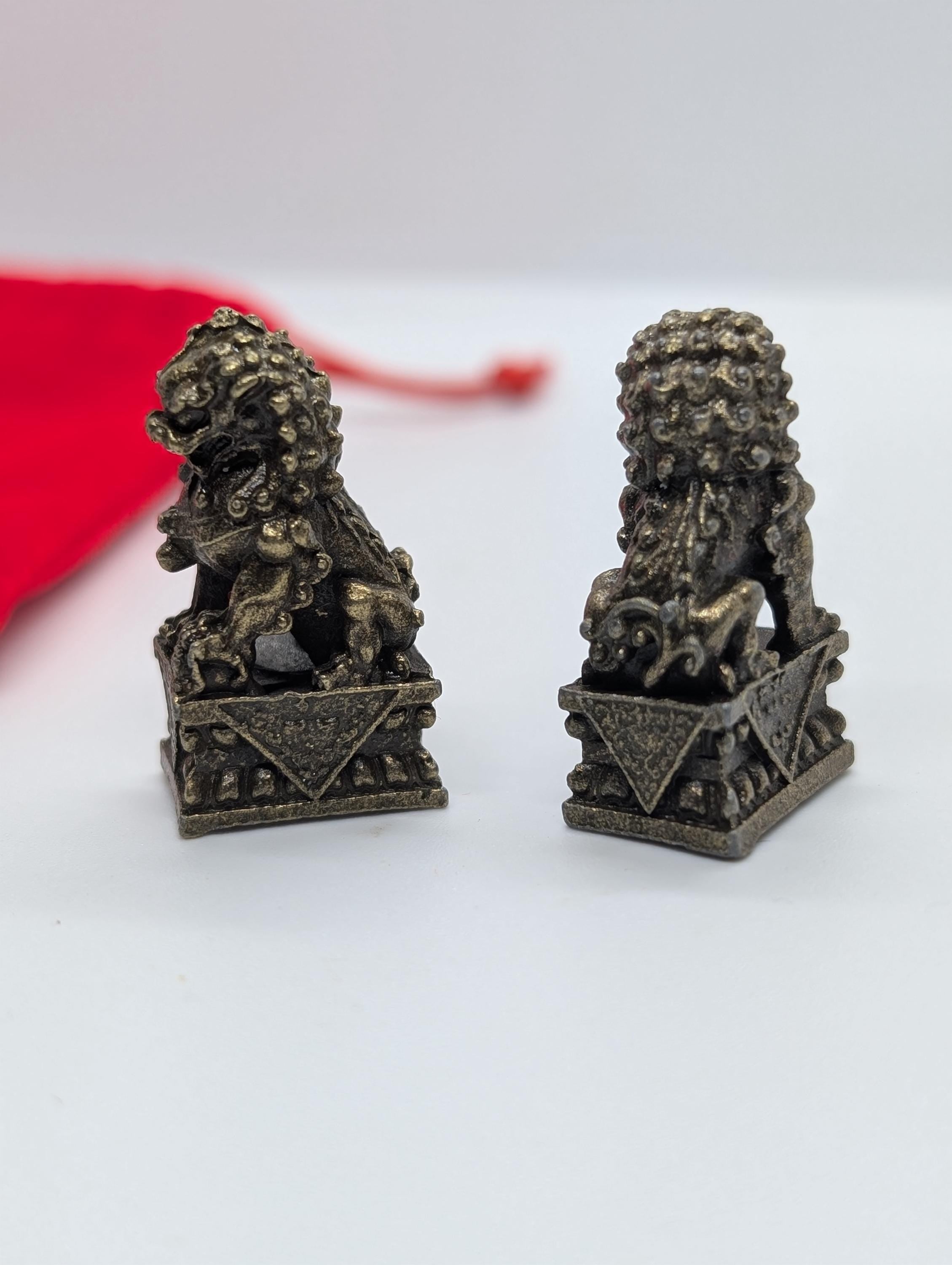 Brass foo dog, lucky lion miniature,  cca 0.98 in  x 1.38 in, pair of two similar in red velvet sachet